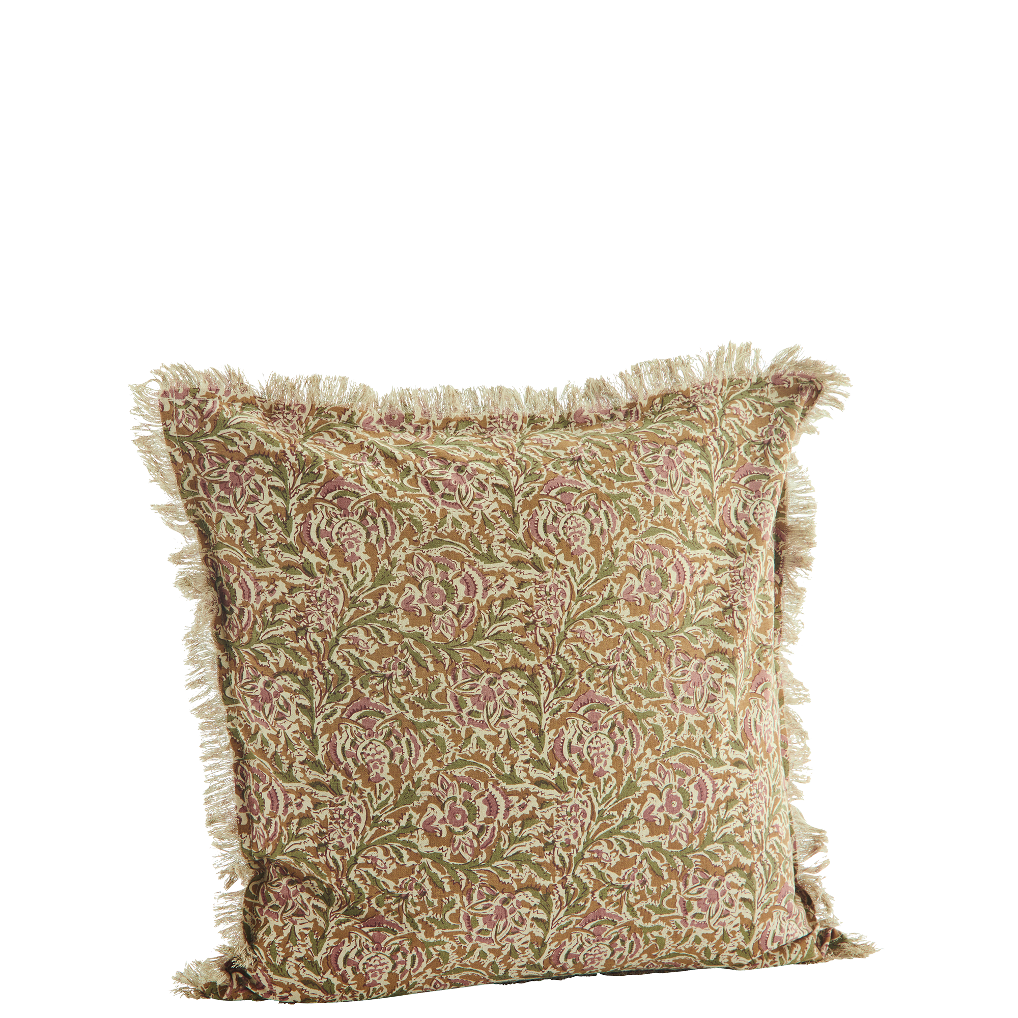 Madam Stoltz Honey and Pink Printed Cotton Cushion with Fringes