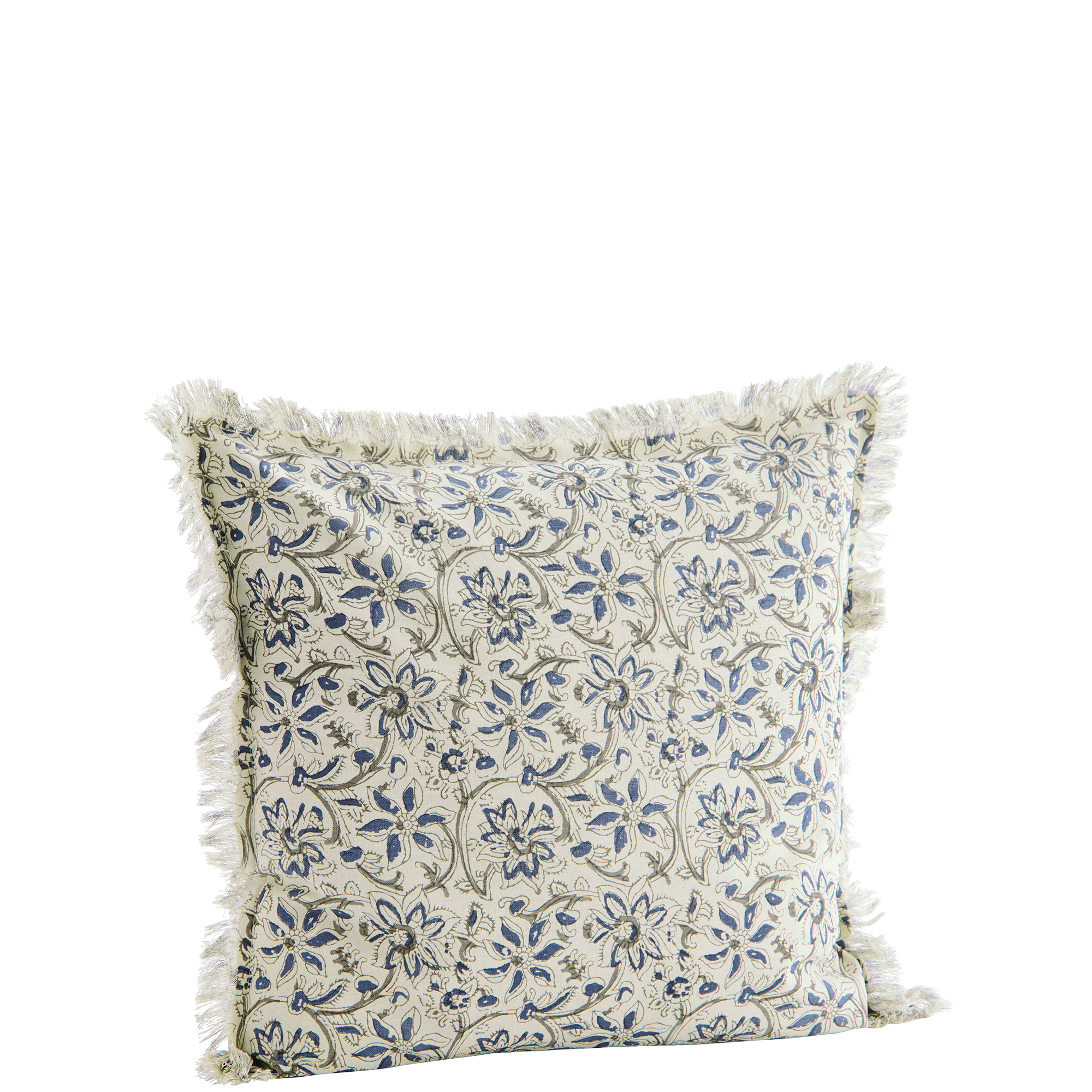 Madam Stoltz Off White and Blue Printed Cotton Cushion with Fringes