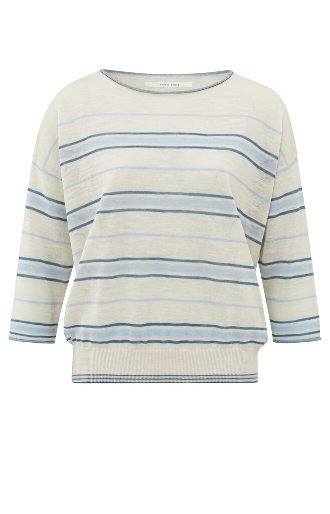Yaya Striped Sweater With Boatneck And Rib Details | Beige Dessin