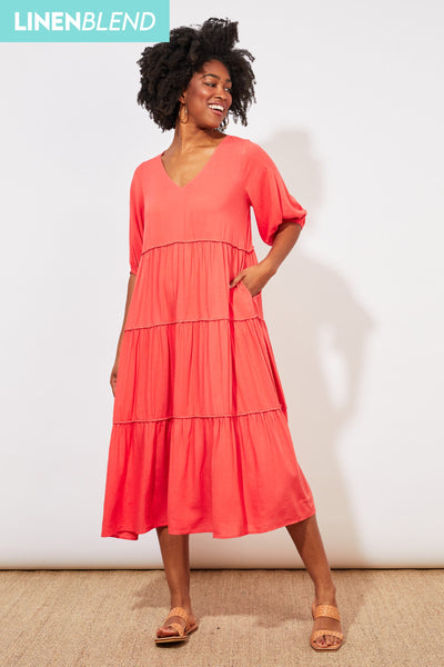 The Kindred Co. Haven Tropicana Tiered Maxi Dress - In Coral