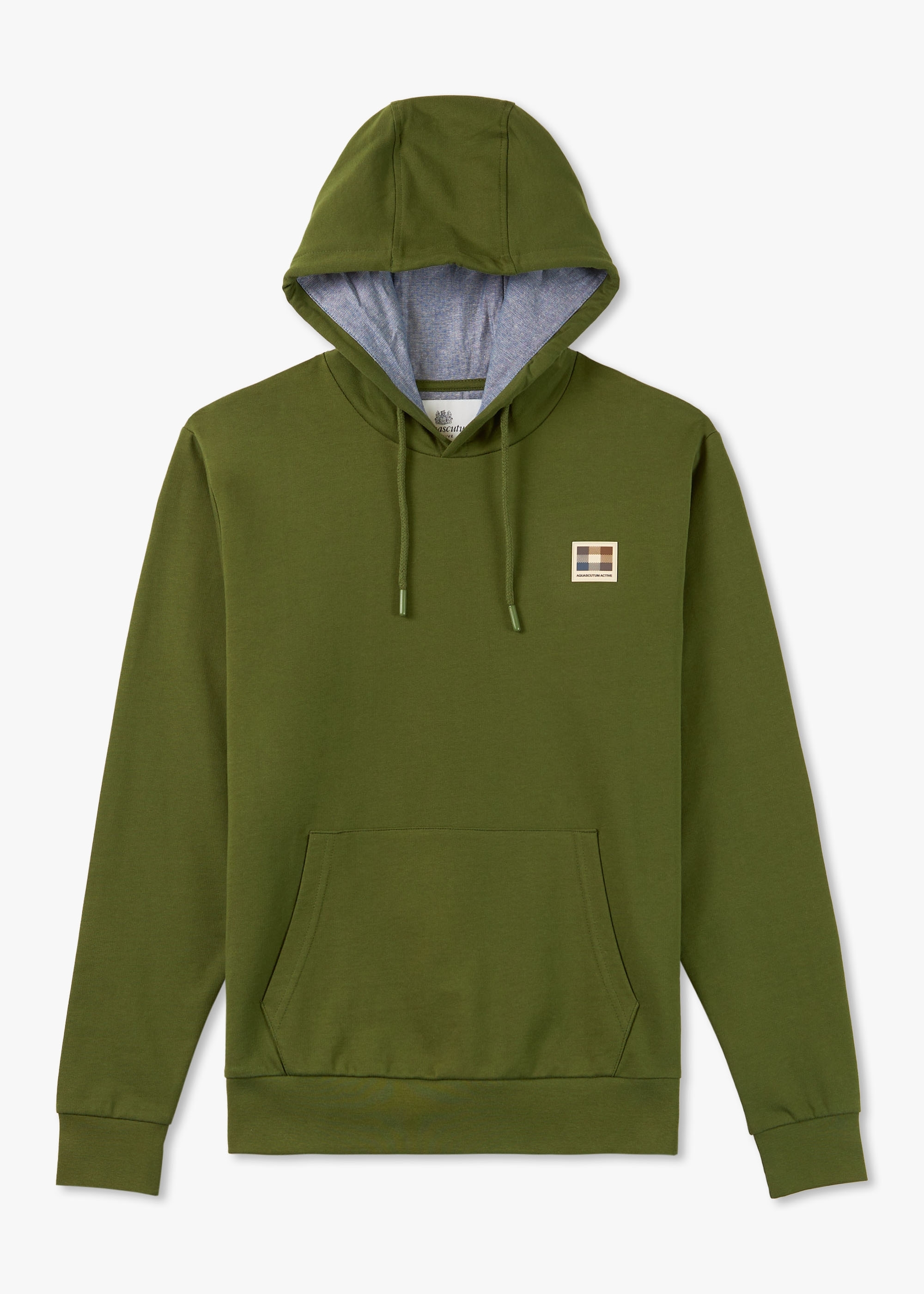 Aquascutum  Mens Active Club Check Patch Hoodie In Army Green