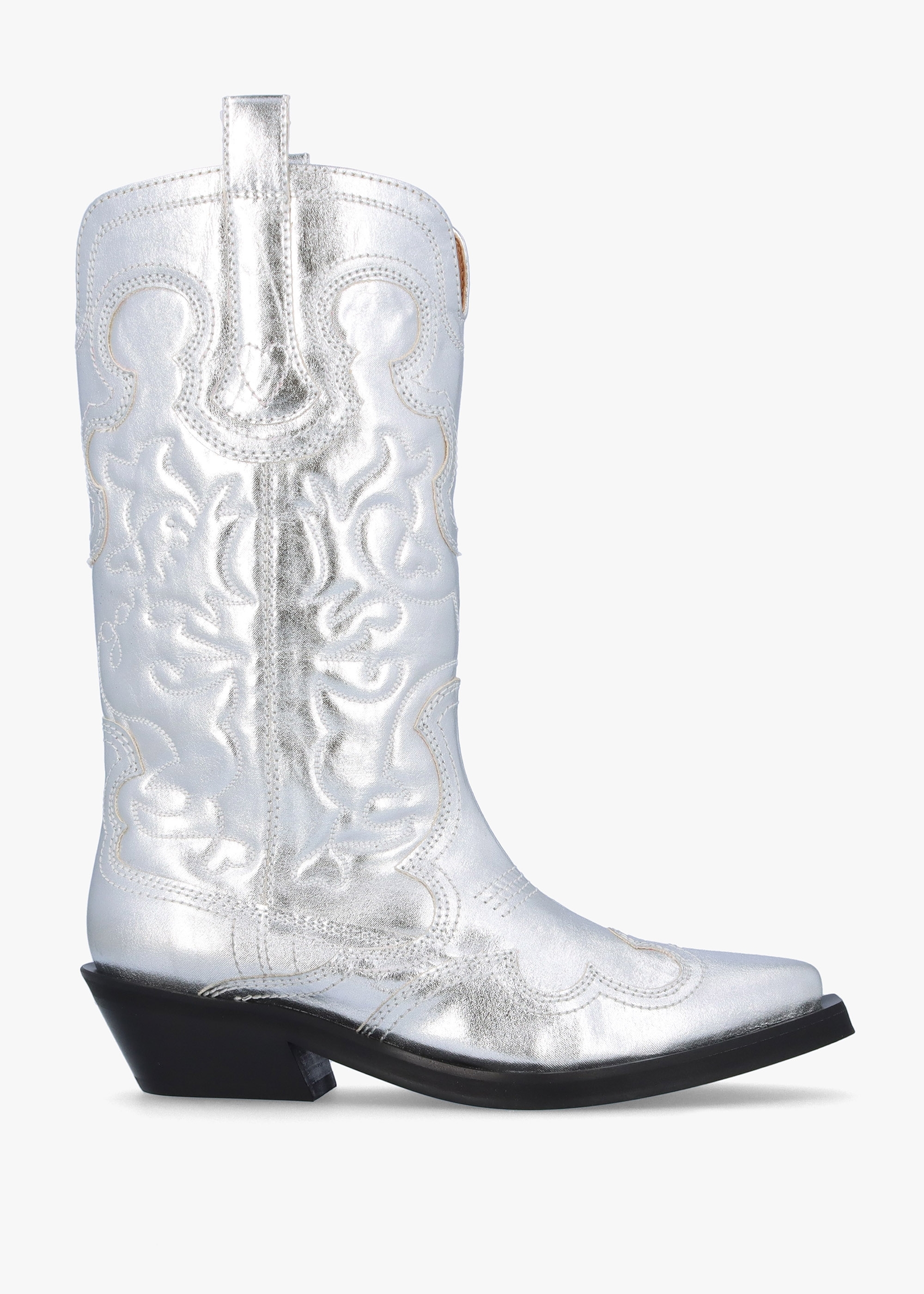Ganni Womens Mid Shaft Embroidered Western Boots In Silver