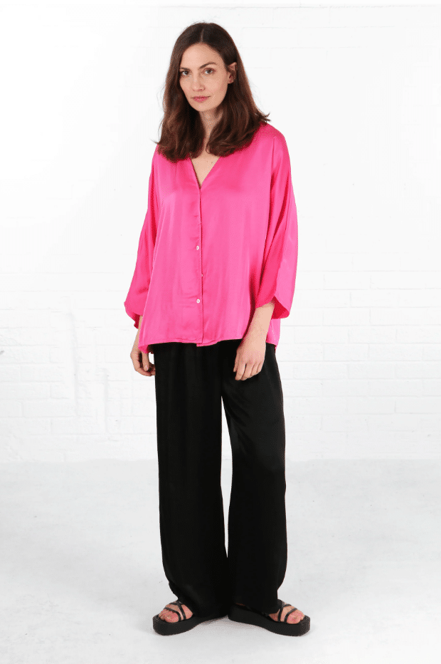 MSH Oversized Button Down Silk Textured Blouse In Hot Pink
