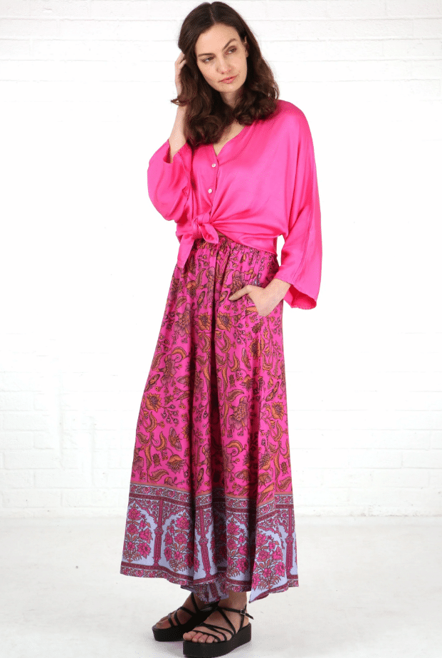 MSH Vintage Floral & Butterfly Print Wide Leg Palazzo Pants In Hot Pink