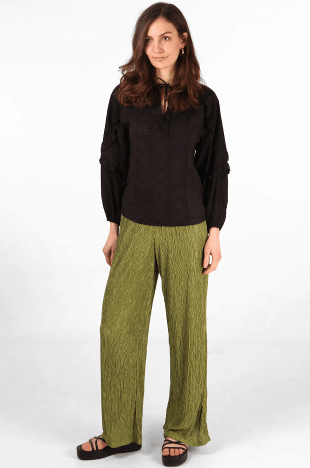 MSH Wide Leg Plisse Trousers with Elastic Smocked Waist In Olive Green