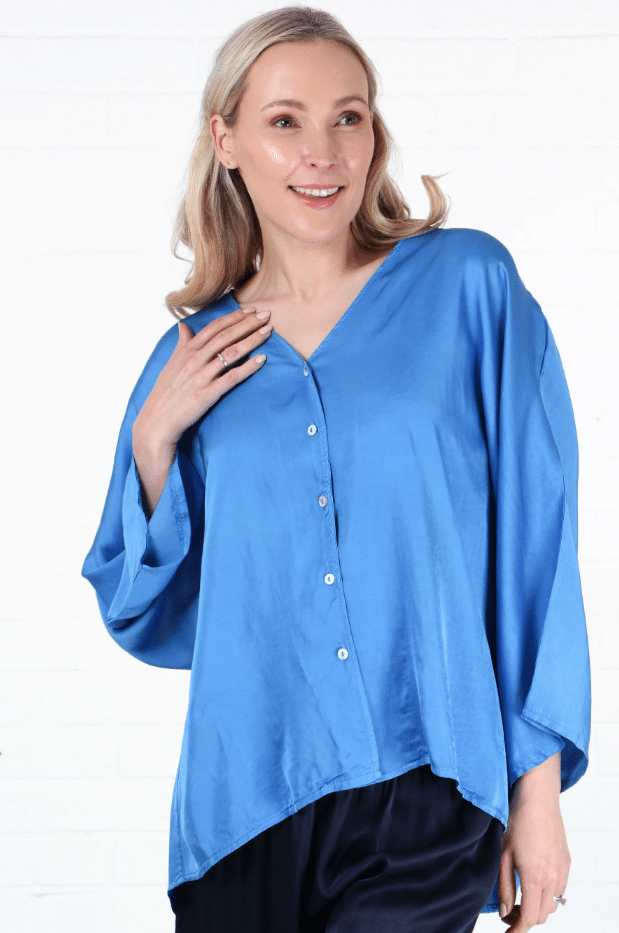 MSH Oversized Button Down Silk Textured Blouse In Blue