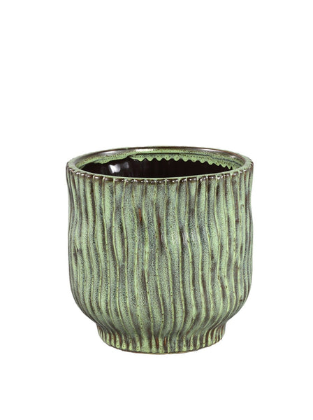 PTMD Kyla Green Wavy Ribbed Ceramic Plant Pot