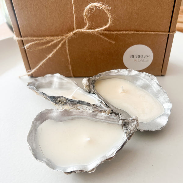 BUBBLES & LACE Oyster Shell Candles - Set Of 3 (silver)