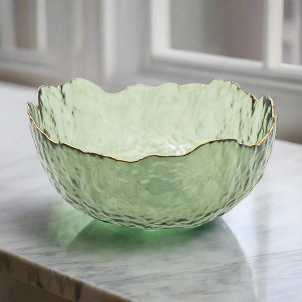 Distinctly Living Large Green Glass Wavy Bowl With Gold Rim 20cm