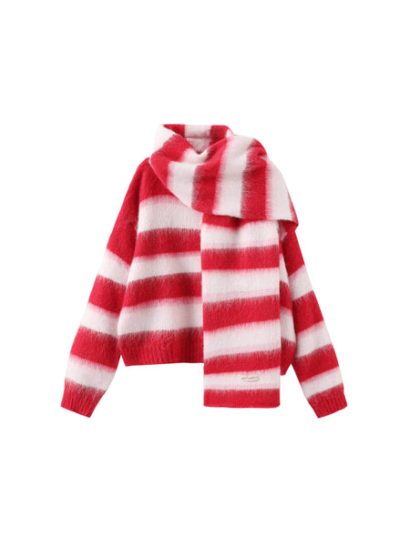 Cubic Striped Color Block Wool Knit Cardigan With Scarf