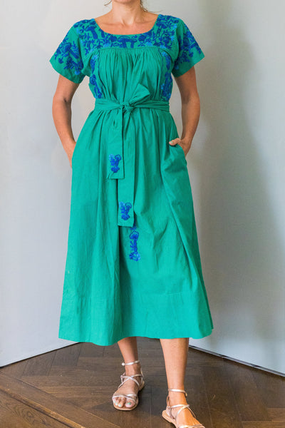 ARIFAH STUDIO Mexican Embroidered Dress In Green And Blue By