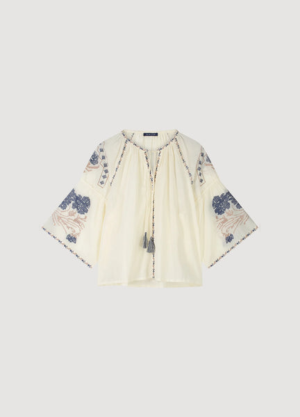 SUMMUM WOMAN Boho Blouse With Blue / Beige Embroidery
