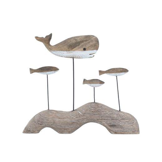 Gisela Graham Rustic Wood Decorative Whale and Fish on Plinth Ornament