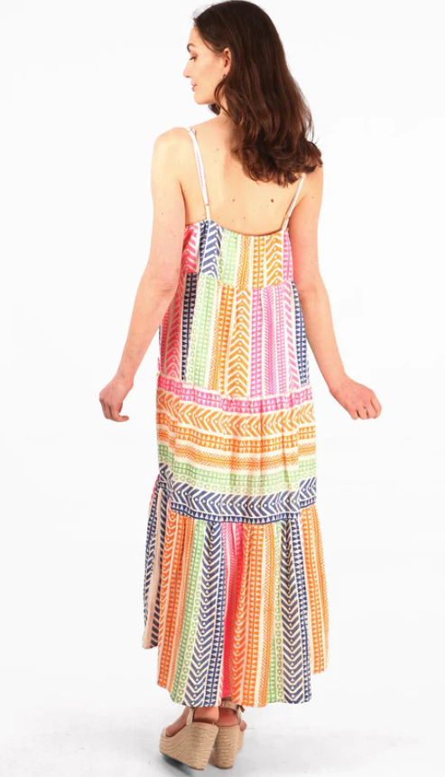 MSH Msh Striped Aztec Print Tiered Strappy Cotton Maxi Dress