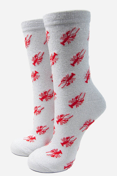 Sock Talk White Red All Over Lobster Print Glitter Socks