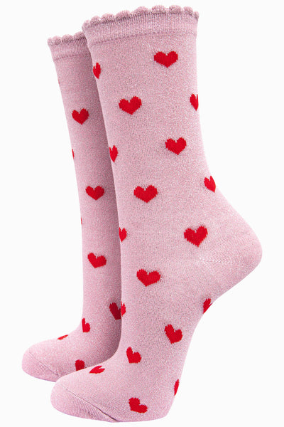 Sock Talk Womens Glitter Socks With Scalloped Edge In A Heart Print