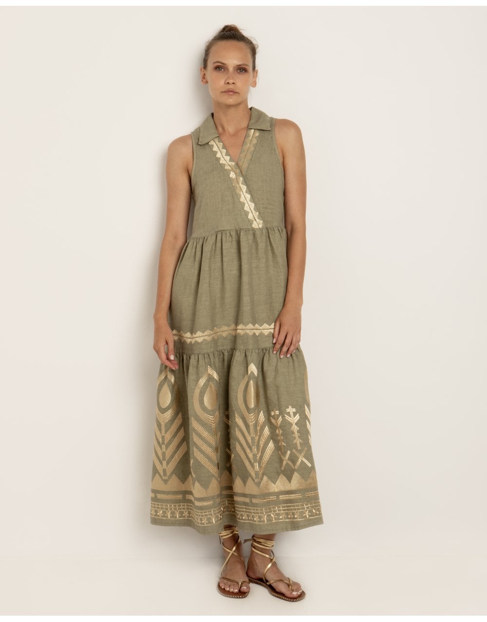 Greek Archaic Kori Greek Archaic Kori Feathers Cross Over Sleeveless Dress Col: Tea Gold Size XS