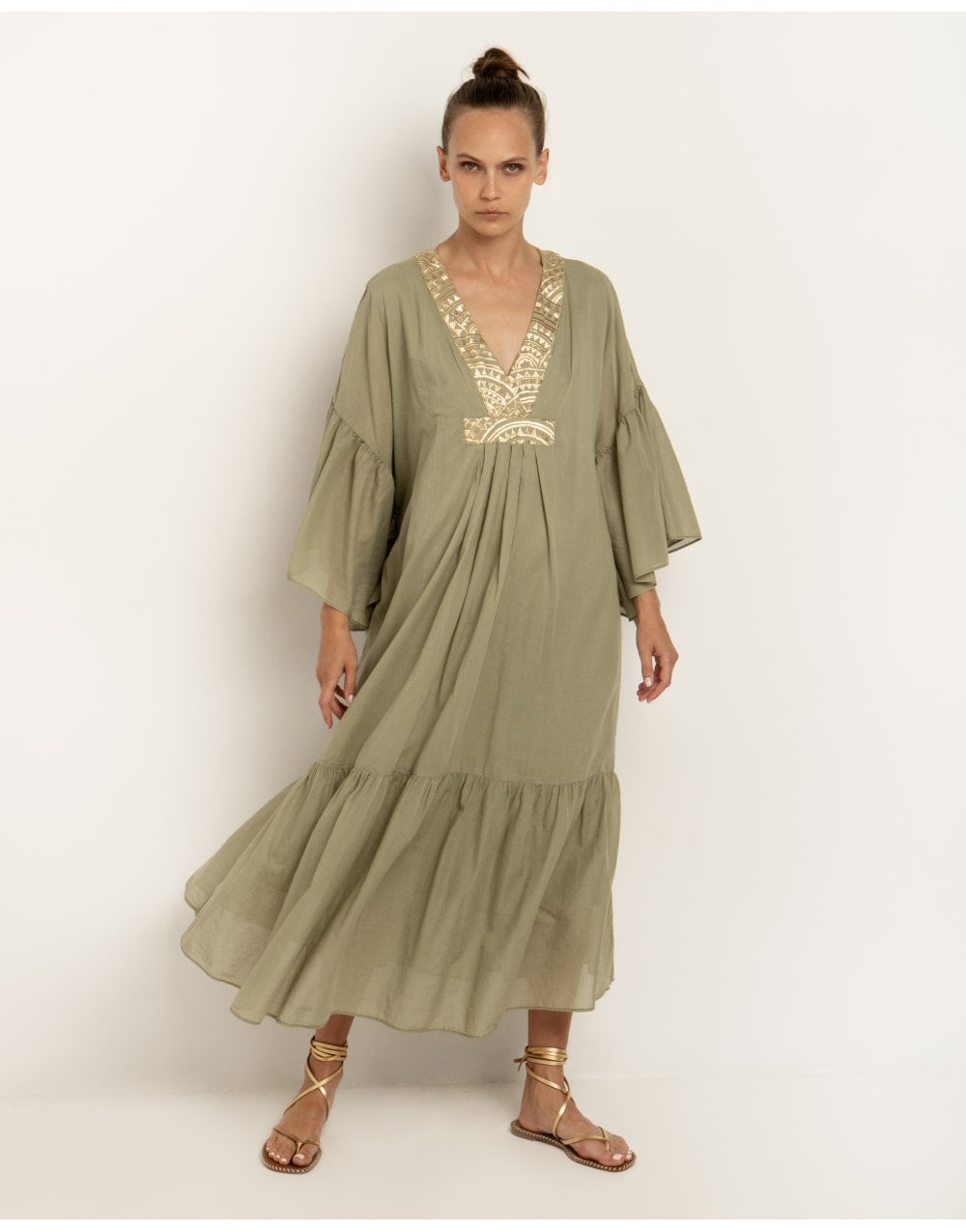 Greek Archaic Kori Greek Archaic Kori New Triangle Frill Sleeve Kaftan Dress Col: Tea Gol size S