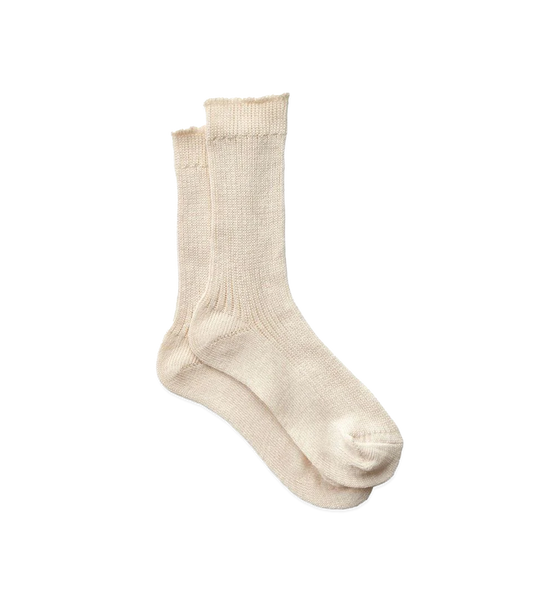 Fog Linen Work Medium Knit Linen Ribbed Crew Socks, Ecru