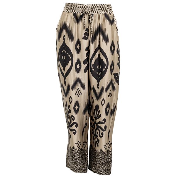 COSTA MANI Border Trousers In Sand With Black Print