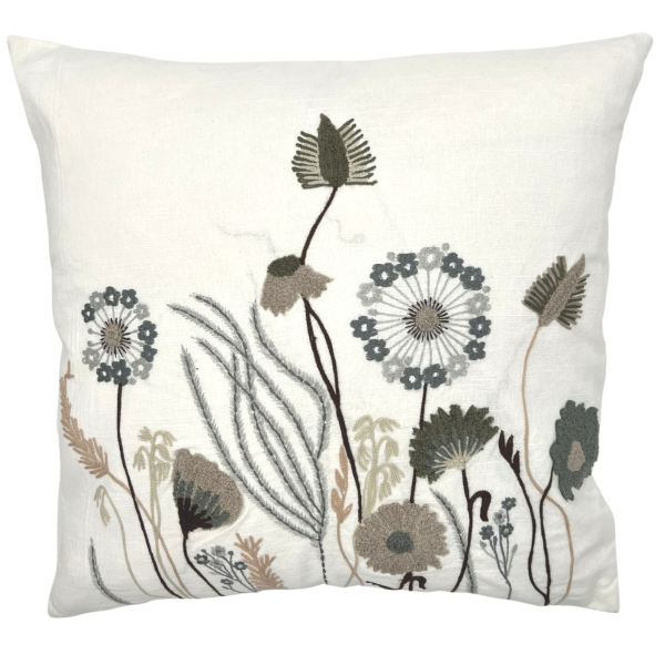 ByRoom Square Cushion In White With Embroidered Flowers