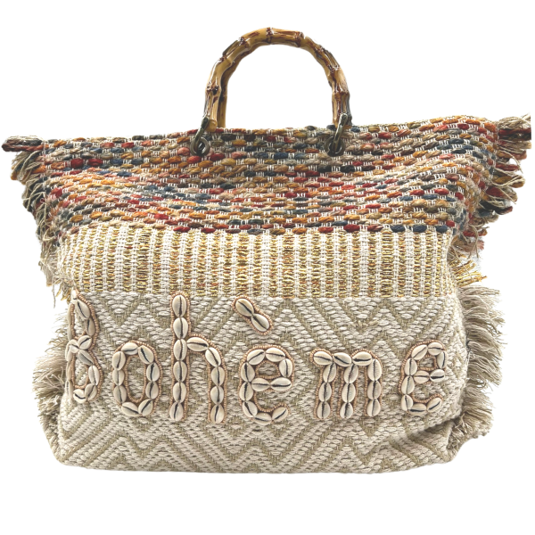 ByRoom Boheme Cotton Bag In Natural With Gold And Coloured Stitching