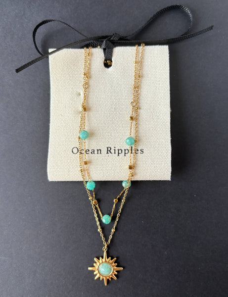 Ocean Ripples 18ct Gold Plated Amazonite Pendant Layered Necklaces