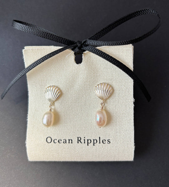 Ocean Ripples 925 Sterling Silver Fresh Water Pearl Shell Earrings