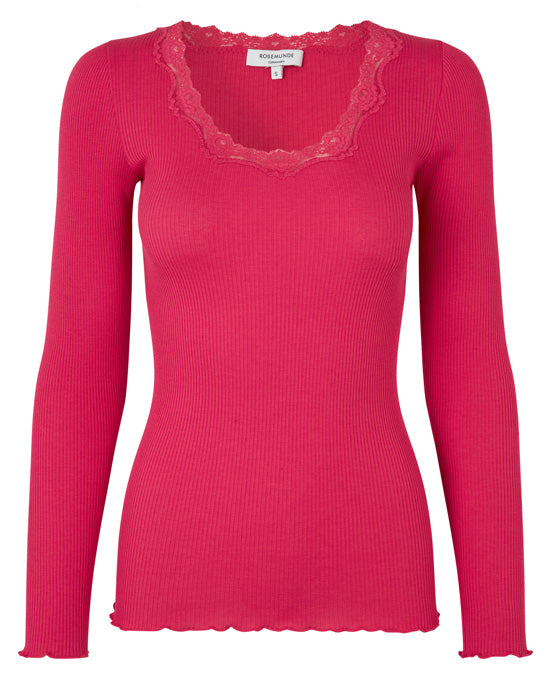 Rosemunde Silk Top Long Sleeve W Lace Pink Berry