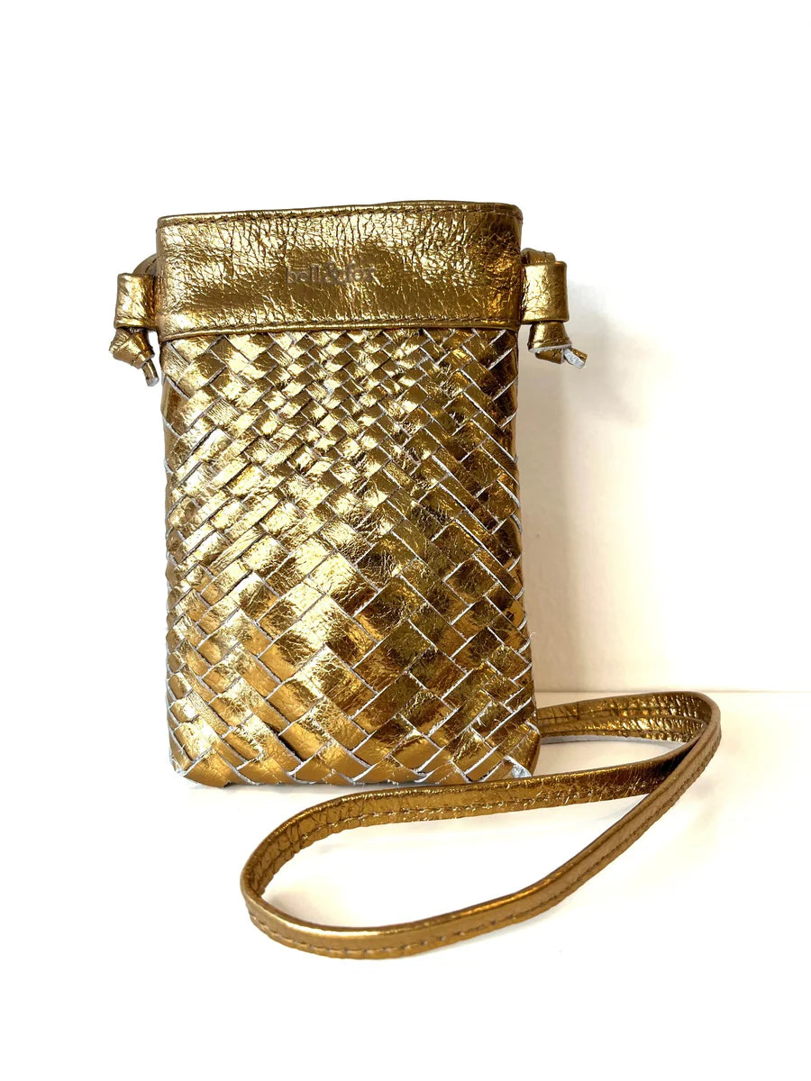 Bell & Fox Kasi Mini Hand Woven Crossbody Bag In Bronze Metallic Leather