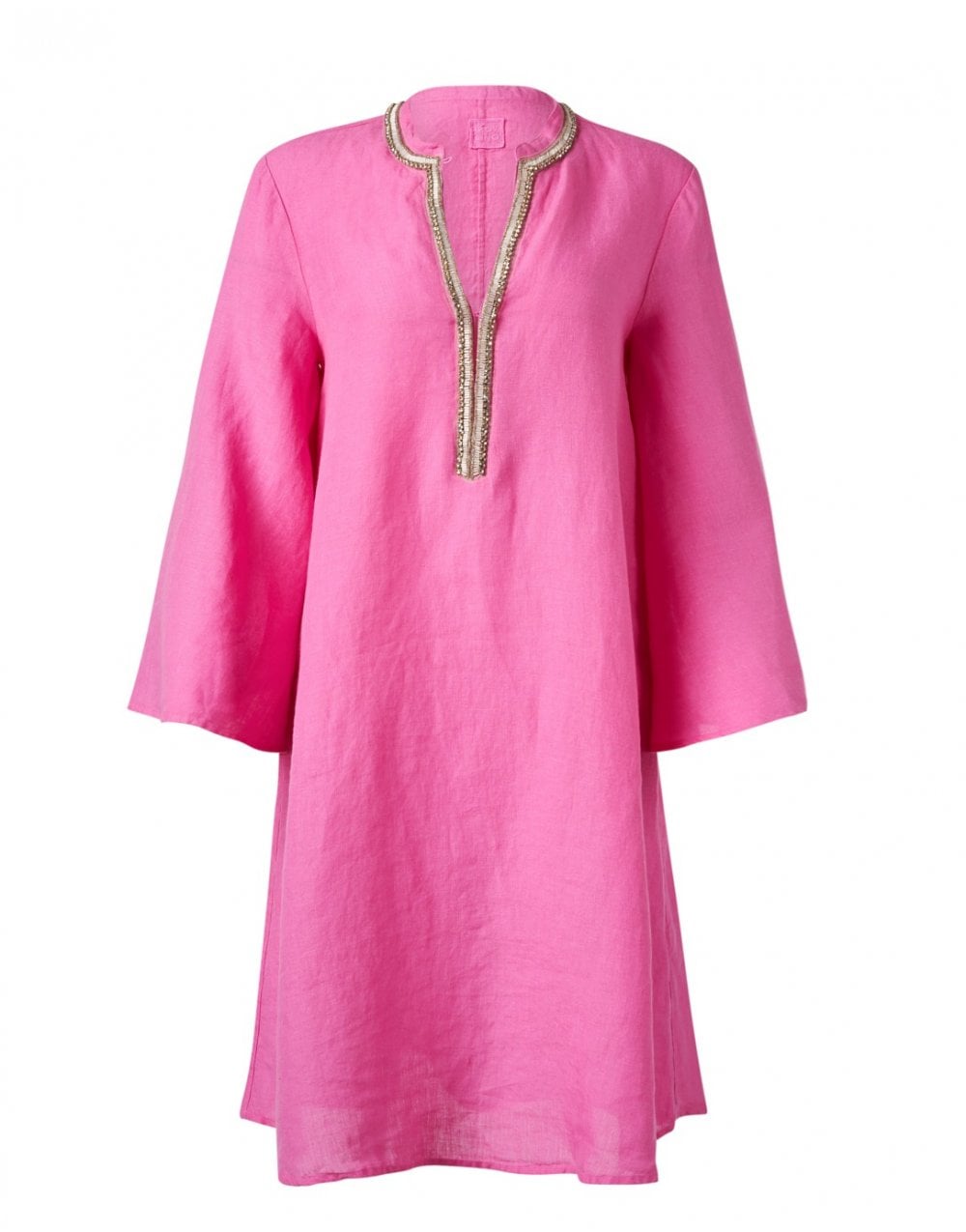 120% Linen Embellished V Neck Wide Sleeve Dress Size: 8, Col: Pink