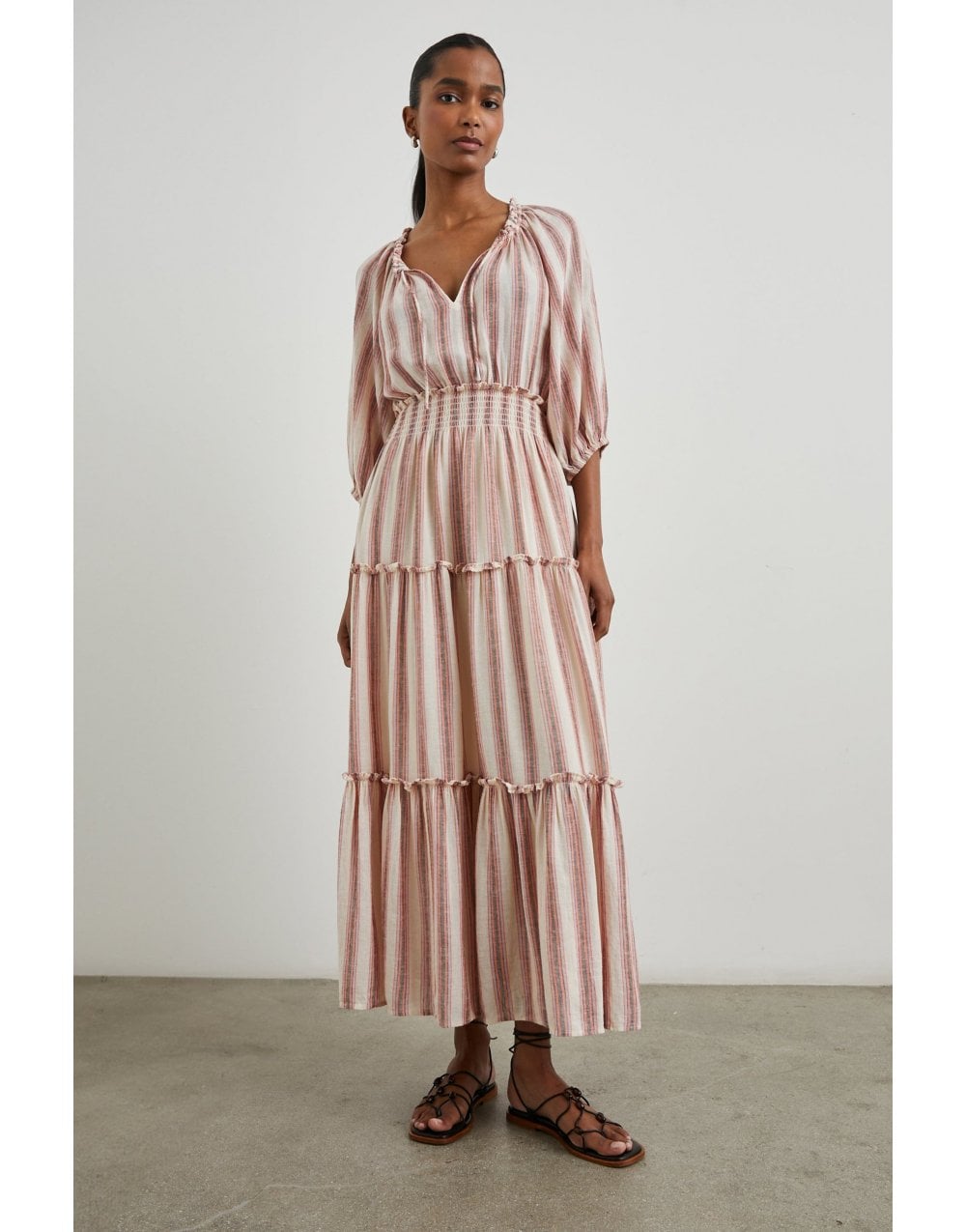 Rails  Caterine Multi Stripe Tie Neck Midi Dress Col: Pink Multi, Size: