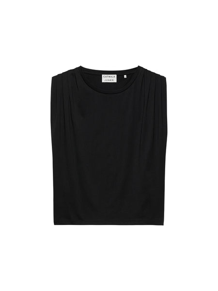 CATWALK JUNKIE Black Pleated Shoulder Singlet T-shirt