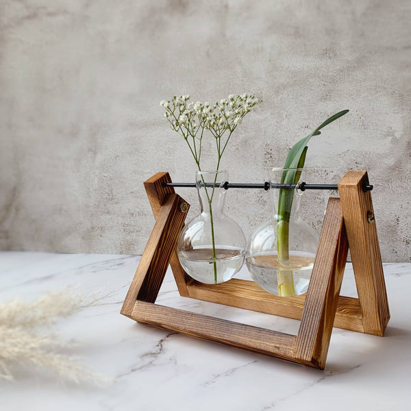 IVORE.GROUP Glass Planter Bulb Vase With Wooden Stand | Double