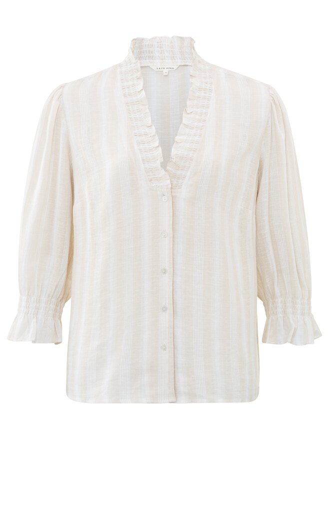 Yaya Striped Blouse With V-neck, Half Long Sleeves And Ruffles - Gray Morn Beige Dessin