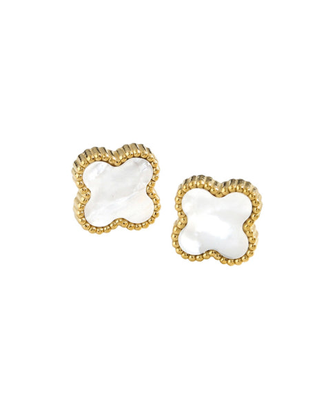 White Leaf - Clover Stud Earring In Pearl - 14k Gold Plate