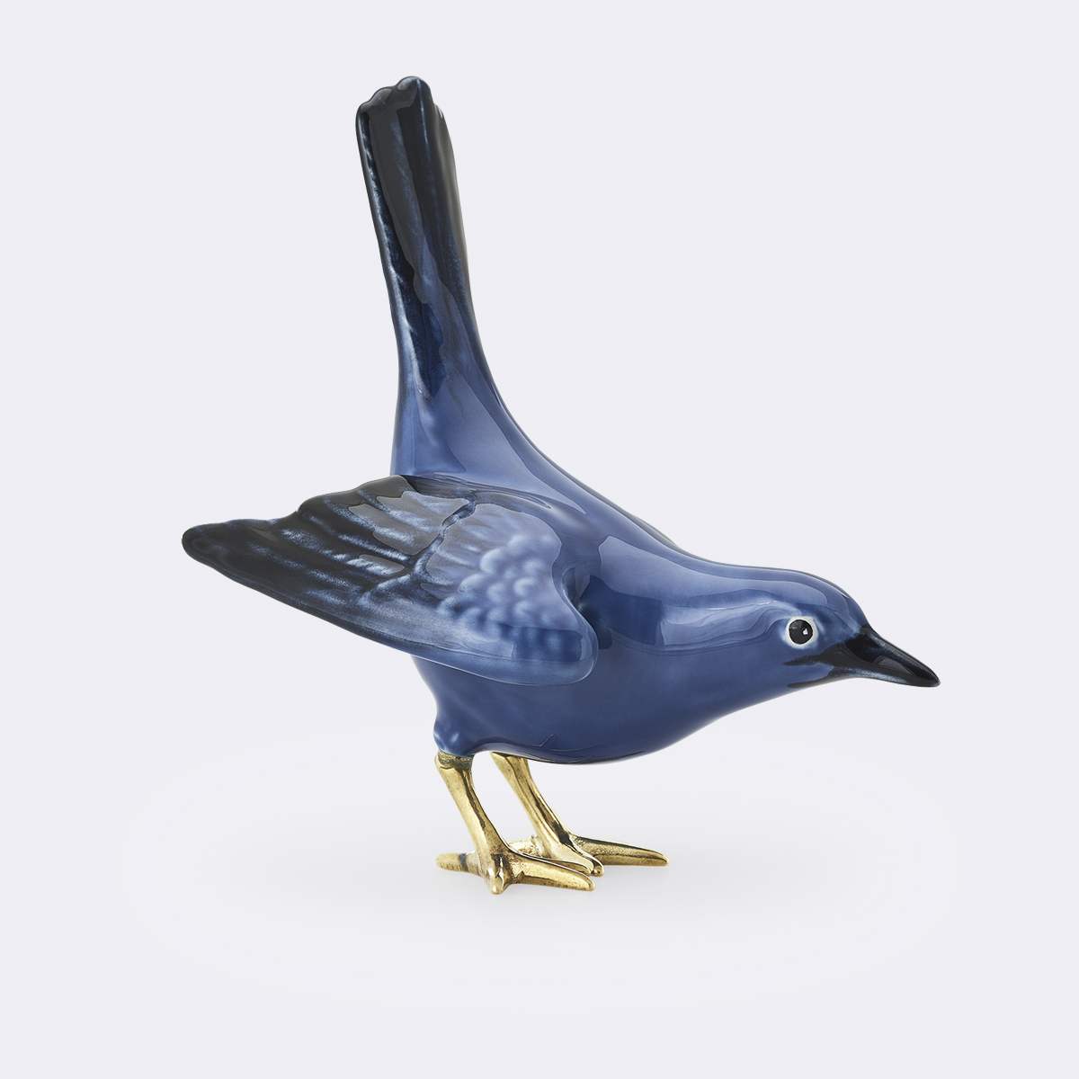 Laboratorio D’Estorias Ceramic Blackbird in Blue with Brass Legs and Vertical Tail
