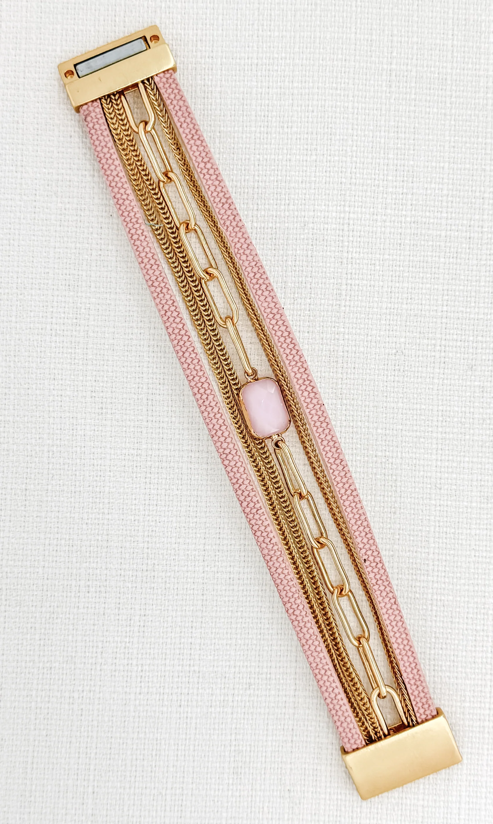 Envy Pink Faux Leather and Gold Chain Multi Strand Bracelet