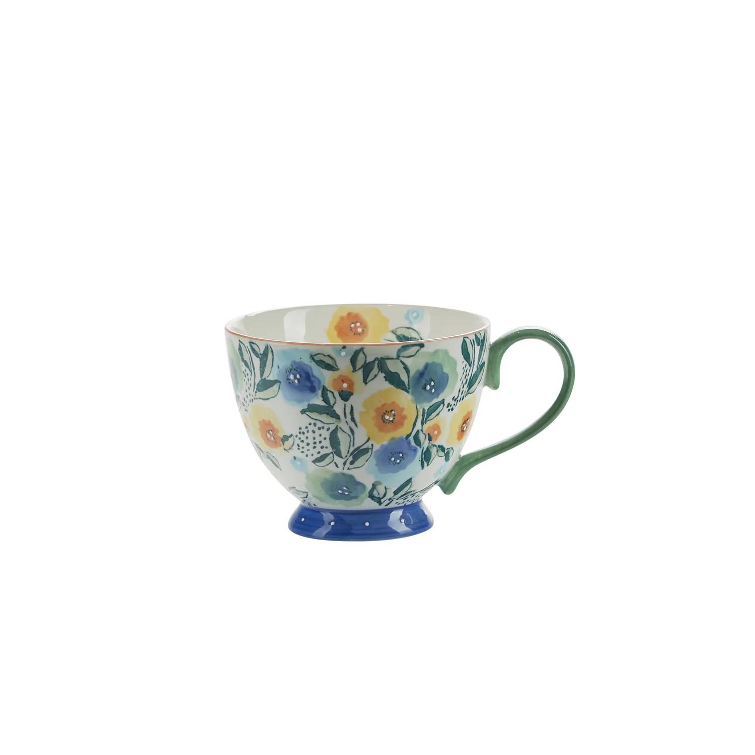 Bahne Blue Hand Painted Flowers Mug with Green Handle