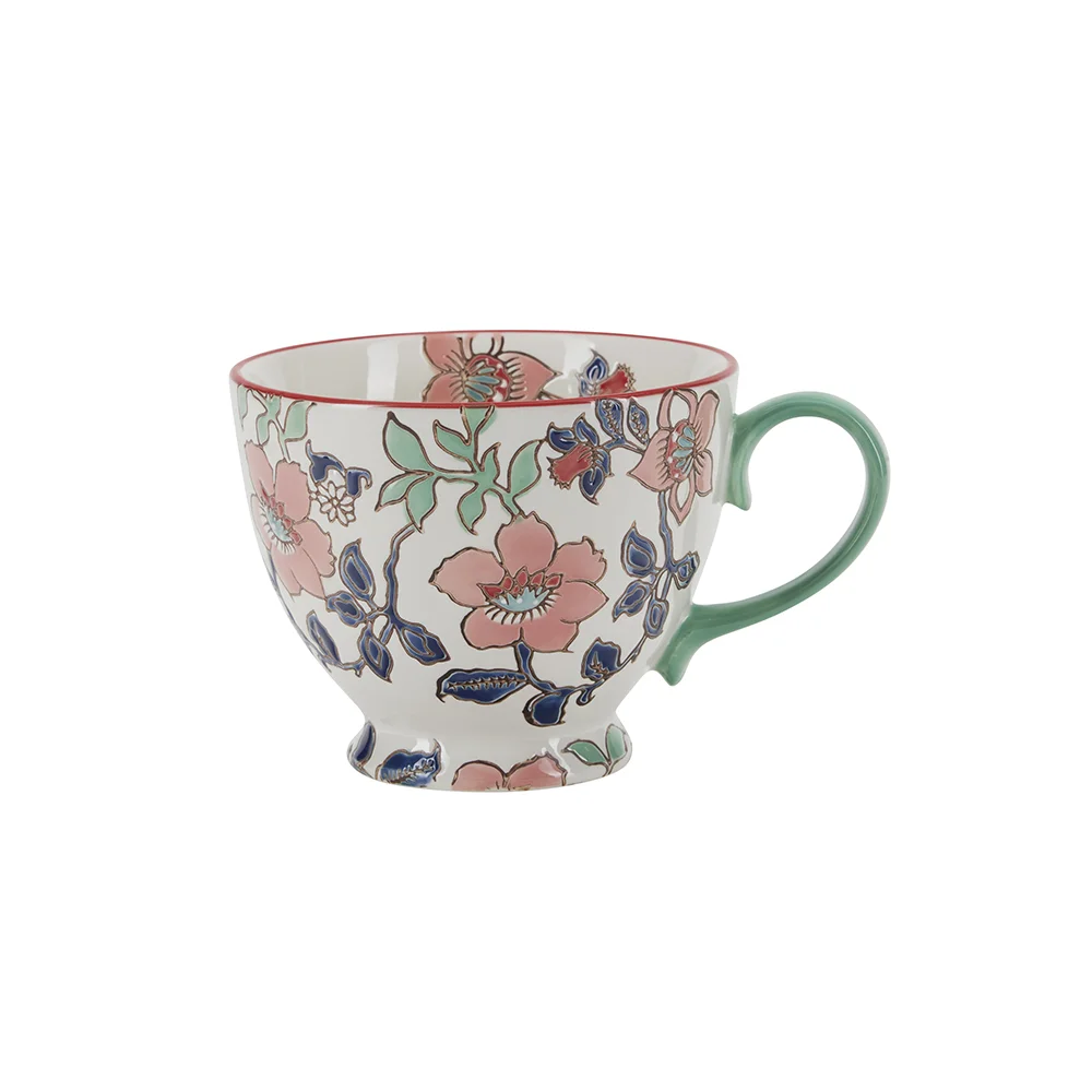 Bahne Hand Painted Flowers Mug with Green Handle