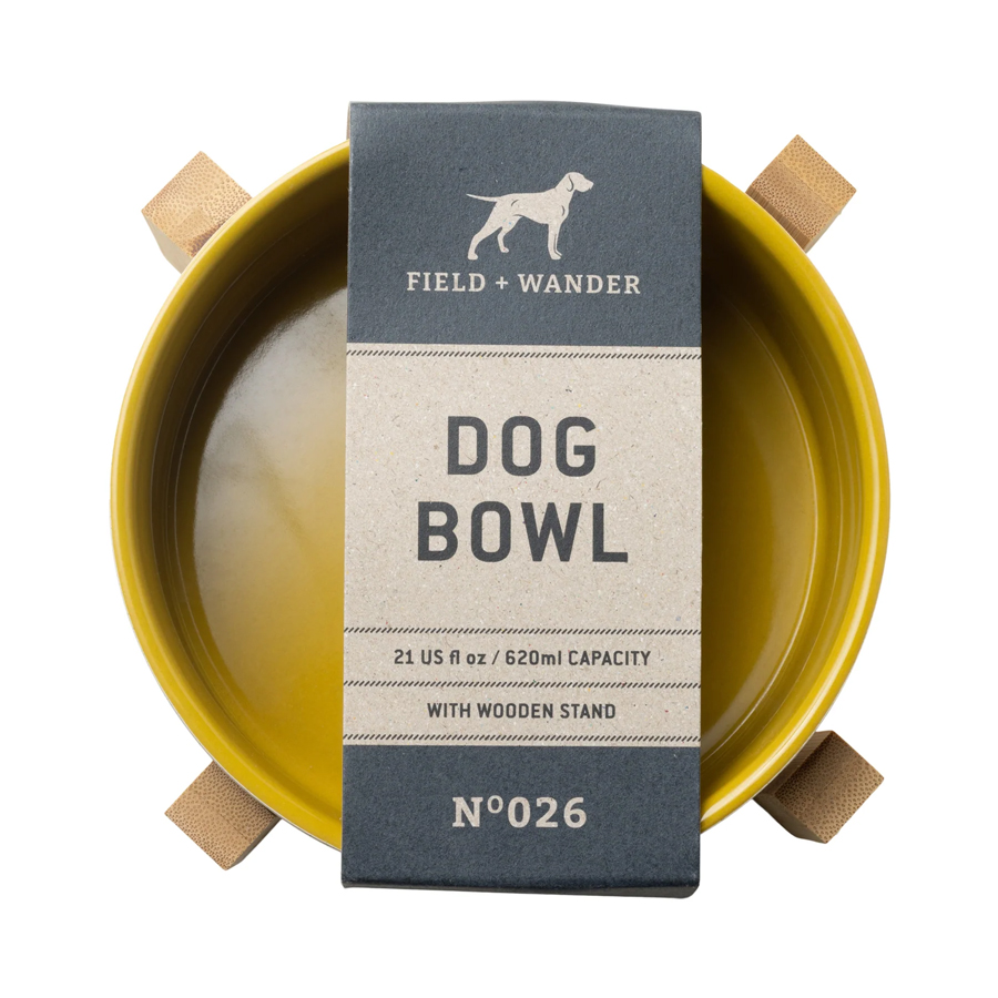 Field + Wander Dog bowl with Wooden Stand in Yellow