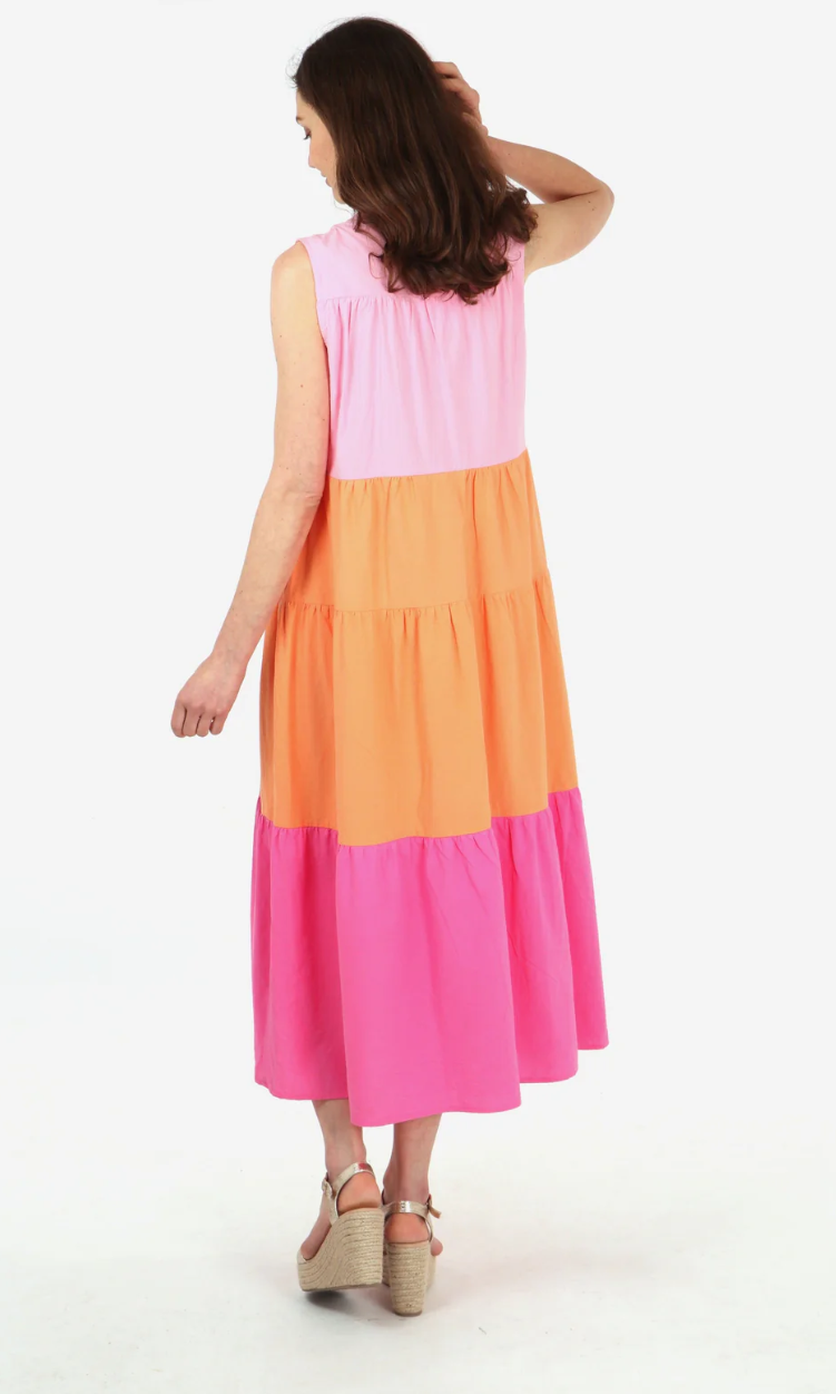 MSH Msh Colourblock Sleeveless Tiered Midaxi Cotton Dress In Pink