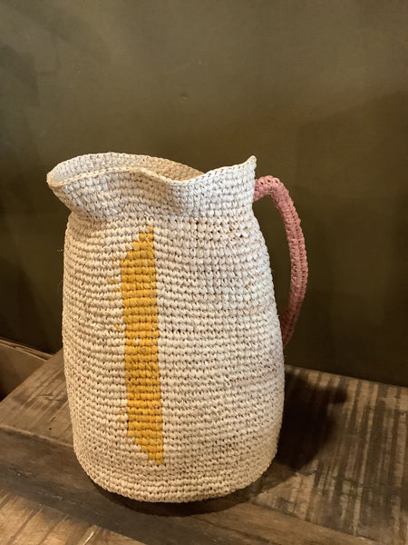 Domoina Handmade Woven Vase With Handle - Natural, Mustard & Pink