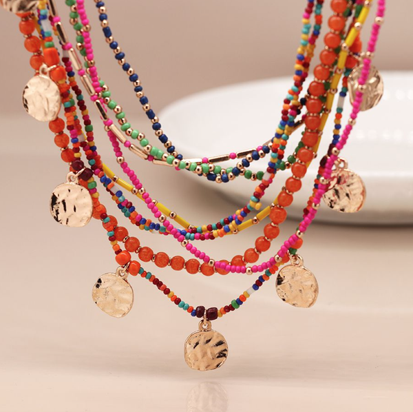 livs Necklace - Multi Strand Vibrant Bead Gold Disc