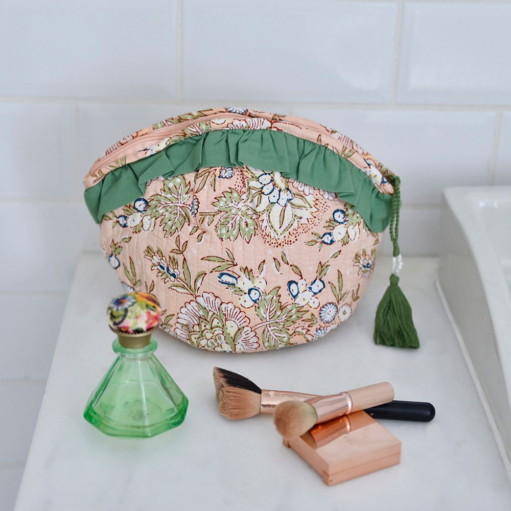 Powell Craft Block Printed Peach Floral Quilted Make Up Bag