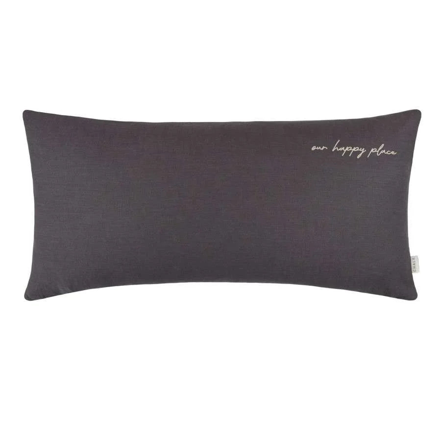 Chalk UK 35 x 70cm Long Pewter Embroidered Our Happy Place Oblong Cushion