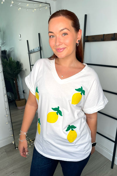 Forevayoung Embroidered Lemon V-neck T-shirt