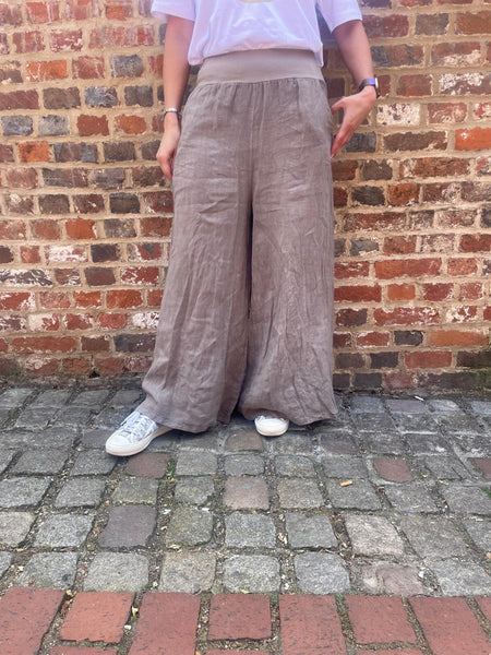 Twenty Three Living Taupe Linen Palazzo Trousers With Jersey Waist
