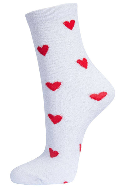 Sock Talk Womens Glitter Socks Red Heart Love Hearts Ankle Socks White