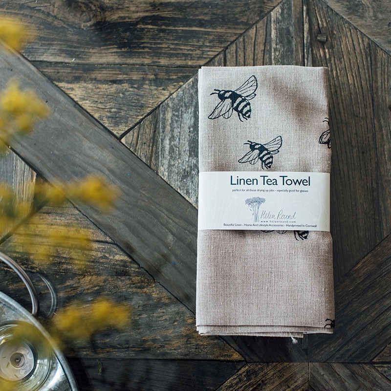 Helen Round Bee Design Linen Tea Towel - Natural